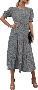 Women'S Summer Casual Boho Dress Floral Print Ruffle Puff Short Sleeve Flowy Mid - Picture 1 of 9
