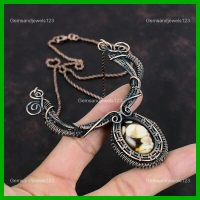 Collar envuelto en alambre cadena aniversario jaspe madera cacahuete natural ovalado de cobre Foto 1 de 4