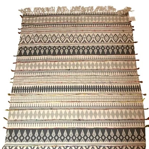 Vintage Collection 100% Baumwolle Geometrisch Webteppich Bunt Fransen Hergestellt in Indien - Bild 1 von 4