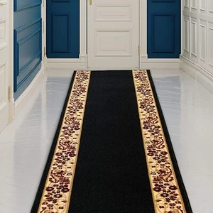 Custom Size Runner Rug Flower Bordered Design Black Color 26"&31" By Your Length - Picture 1 of 4