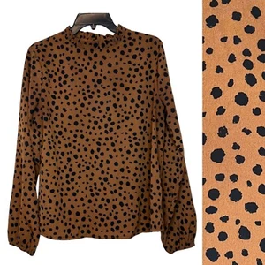 SHEIN Blouse L Brown Black Animal Print Ruffle Mockneck Long Sleeve Top Sz Large - Picture 1 of 8