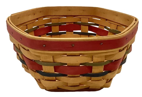 Longaberger Small Hexagon 8.25” Woven Basket, 2001 Signed, Red Blue Green Cover