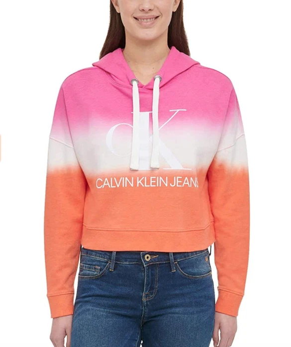 Calvin Klein Jeans Womens Monogram Logo Tie Dye Block Hoodie Sherbert Combo