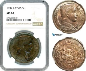 AK254, Latvia, 5 Lati 1932, Silver, NGC MS62 - Picture 1 of 1