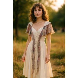 Vintage Paris Sport Club Romantic Ivory Floral Ruffle Button Down Midi Dress S - Picture 1 of 7