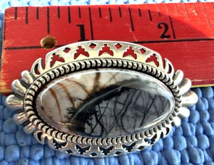 VINTAGE NAVAJO PETRIFIED WOOD STERLING PENDANT NECKLACE, 2 INCHES, 22 GRAMS - Picture 1 of 5