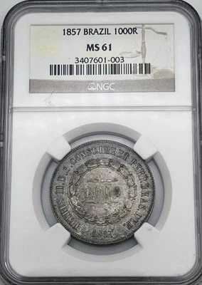 1857 Brazil 1000 Reis NGC MS61 KM#465 Silver .917 Scarce Low Mintage Only 512K - Image 1 of 4