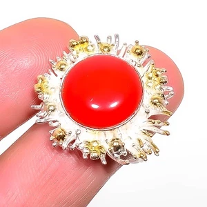 Red Coral Silver Plated Two Tone Gold Plated Ring s.8 R58-47, Christmas Gift - Picture 1 of 3