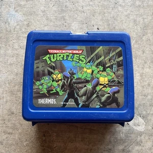 1989 Teenage Mutant Ninja Turtle Blue Plastic Lunch Box TMNT And Thermo - Picture 1 of 8