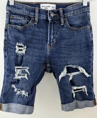 Pantalones Cortos de Denim Abercrombie Niños Niños Azul Oscuro Lavado Rasgado Dobladillo Enrollado Talla 7/8 Foto 1 de 2