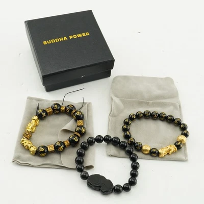 BRAZALETE 3 BUDDHA POWER-FENG SHUI NEGRO OBSIDIANA/ORO RIQUEZA BONITO Foto 1 de 4