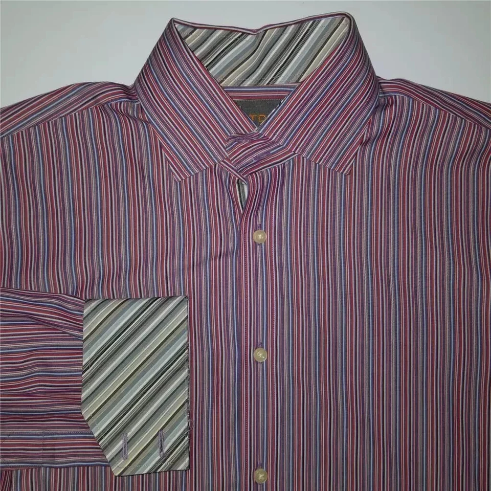 THOMAS DEAN Button Down Fashion Dress Shirt - L - Striped Flip Cuff - Image 1 of 2