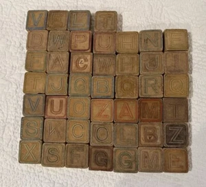 Antique Wooden Thin Blocks With Letters And Pictures Set Of 46 - Picture 1 of 7