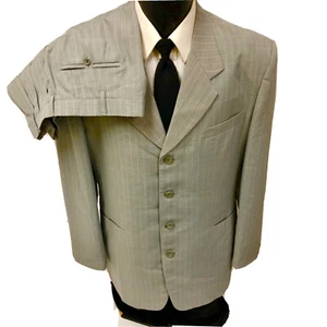 Vtg BESPOKE Men Sage Gray CHALK STRIPE Light Weight Wool Gangster ZOOT Suit 44 - Picture 1 of 8