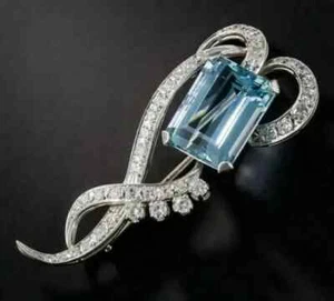 3.50Ct Emerald Simulated Aquamarine & Diamond Brooch Pin 14K White Gold Plated - Picture 1 of 3