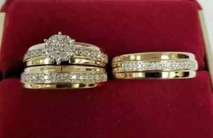 14K Yellow Gold Plated Wedding His & Her Trio Ring Set Round Lab Created Diamond - Picture 1 of 7