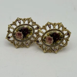 Vintage Paar goldfarbene Blume Rose Clip-On Ohrringe Gitter Stil Goldrand - Bild 1 von 6