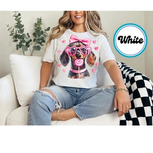 Women's Valentines Weiner Dog Oversized Print Graphic Shirt Dachshound Shirt - Picture 1 of 9