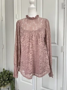Cable & Gauge Women’s Mauve Floral Lace Blouse High Neck Long Sleeve Ruffle Sz L - Picture 1 of 11