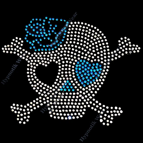 Rhinestone Transfer " Turquoise Skull w/ Rose & Heart " Hot Fix, Iron On, Bling - Изображение 1 из 1