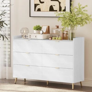 55" Long 6 Drawer Dresser w Marbling Worktop, Metal Leg, Storage Cabinet, White - Picture 1 of 14