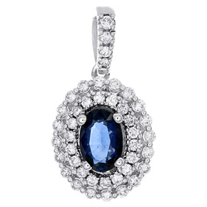 14K or Blanc Ovale Naturel Saphir Bleu & Diamant Pendentif 0.75 " Breloque 1/4 - Picture 1 of 6