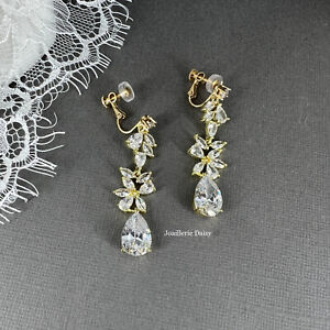CZ Long Cubic Zirconia Clip On Floral Earrings Drop Dangle Silver Wedding Bridal