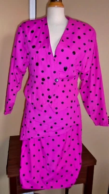 VTG 1980s 2 pc Skirt & Blazer Suit Hot Pink w/ Black Polka Dots Sz S Pre-Owned - Image 1 of 4