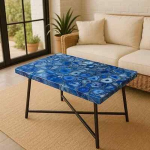 Blue Agate Dining Tabletop | Rectangular Gemstone Table | Handmade Crystal Decor - Picture 1 of 9