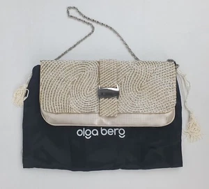 Olga Berg Nude Satin Clutch Purse Shoulder Bag Beaded Fold Over Evening Formal - Picture 1 of 10