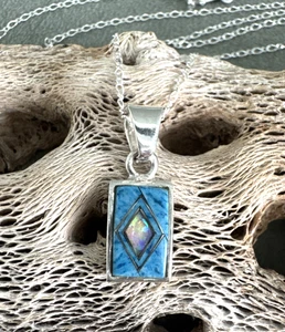 Dainty Denim Lapis Opal Inlay Pendant Sterling Silver Multi 18" Chain Necklace - Picture 1 of 16