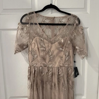 Vestido Adrianna Papell Champagne Dorado Talla 8 Lentejuelas Hasta el Suelo Hada Princesa NUEVO Foto 1 de 4