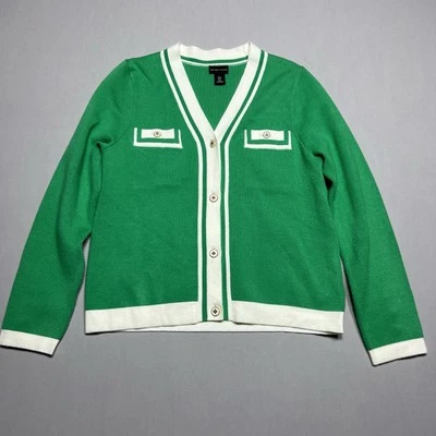 Cardigã Adrienne Vittadini Feminino Grande Suéter Verde Branco Manga Longa Decote V - Imagem 1 de 4