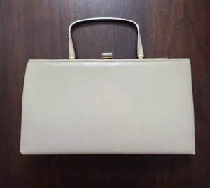 Vintage Handtasche creme ANDE Verschluss Metallgriff Geldbeutel Außentaschen Vinyl - Bild 1 von 17