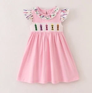 NEW Boutique Back to School Smocked Crayon Girls Pink Sleeveless Dress - Picture 1 of 11