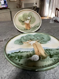 Set 2 ciotole e piatti in ceramica fatti a mano con gatto - firmati a mano - - Foto 1 di 9