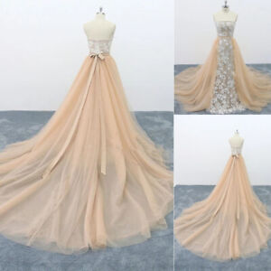 Champagne Wedding Detachable Train Long Removable Tulle Overskirt With Satin Bow