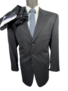 PETROCELLI Mens Black Wool Classic Fit Pleated 2pc Suit 42R Jacket 33x29 Pant - Picture 1 of 13
