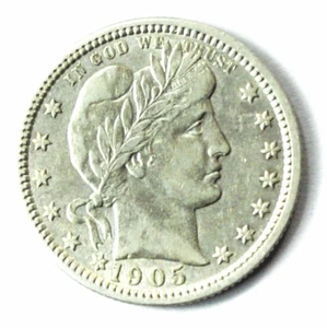 Cuarto de dólar de plata barbero 1905 25c raro veinticinco centavos Filadelfia AU - Imagen 1 de 2