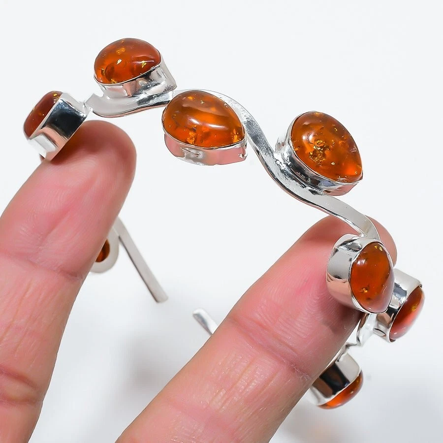 Bracelete ajustável de prata esterlina 925 feito à mão com pedra preciosa âmbar - Imagem 1 de 1