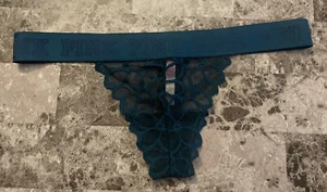 VICTORIA'S SECRET PINK M TURQUOISE BLUE LACE THICK LOGO BAND RARE THONG PANTIES - Picture 1 of 5
