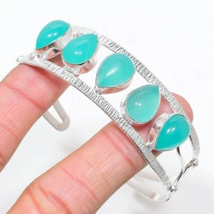 Aqua Chalcedony Gemstone Handmade 925 Sterling Silver Jewelry Bangle Size 7-8 - Picture 1 of 1