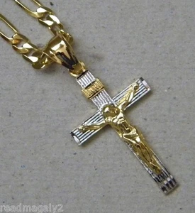 Men's Lady's 2 Tone Gold Rhodium Plated Cross & 24in 4mm Wide Figaro Chain Set - Picture 1 of 4