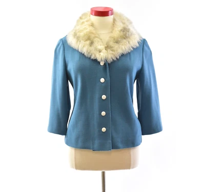 Chaqueta vintage polvorienta azul aciano y marfil con cuello de piel sintética para mujer talla L Foto 1 de 4
