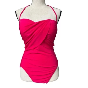 La Blanca Ruched One Piece Swimsuit Size 12 Pink Draped Front Halter - Picture 1 of 6