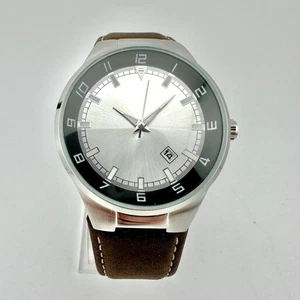 Stainless Steel Analog Watch Mens 41mm Date Silver Dial Brown Leather - New Batt - Picture 1 of 13