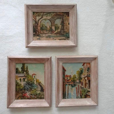 Vintage Lot of 3 Italian Framed Mini Original Paintings Signed Landscape Venice - Image 1 of 4