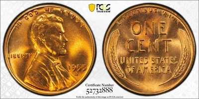 1955-S 1c Lincoln Cent PCGS MS67 RD Red Wheat Penny Gold Shield - Image 1 of 3