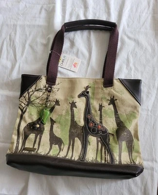 NEW CHALA Handbag Safari Canvas Tote / Purse Giraffes; Sand, Brown & Green - Image 1 of 4