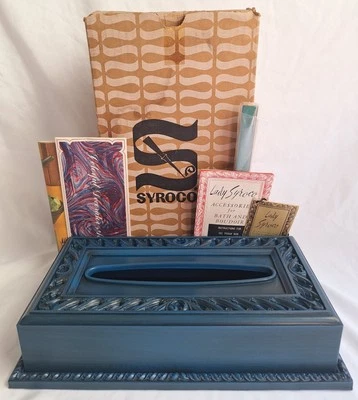 Винтажный Syroco Hollywood Regency ткани коробка держатель США Bristol синий новый из старых запасов 1965 - Изображение 1 из 4